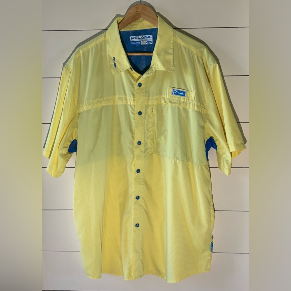 Pelagic Fishing Yellow Button-Up Shirt with Blue Accents. Size XXL